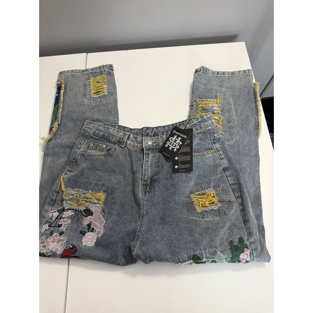 SUPERMADE Women’S DENIM EMBROIDERED Patchwork Jeans Size XXL  New With Tags